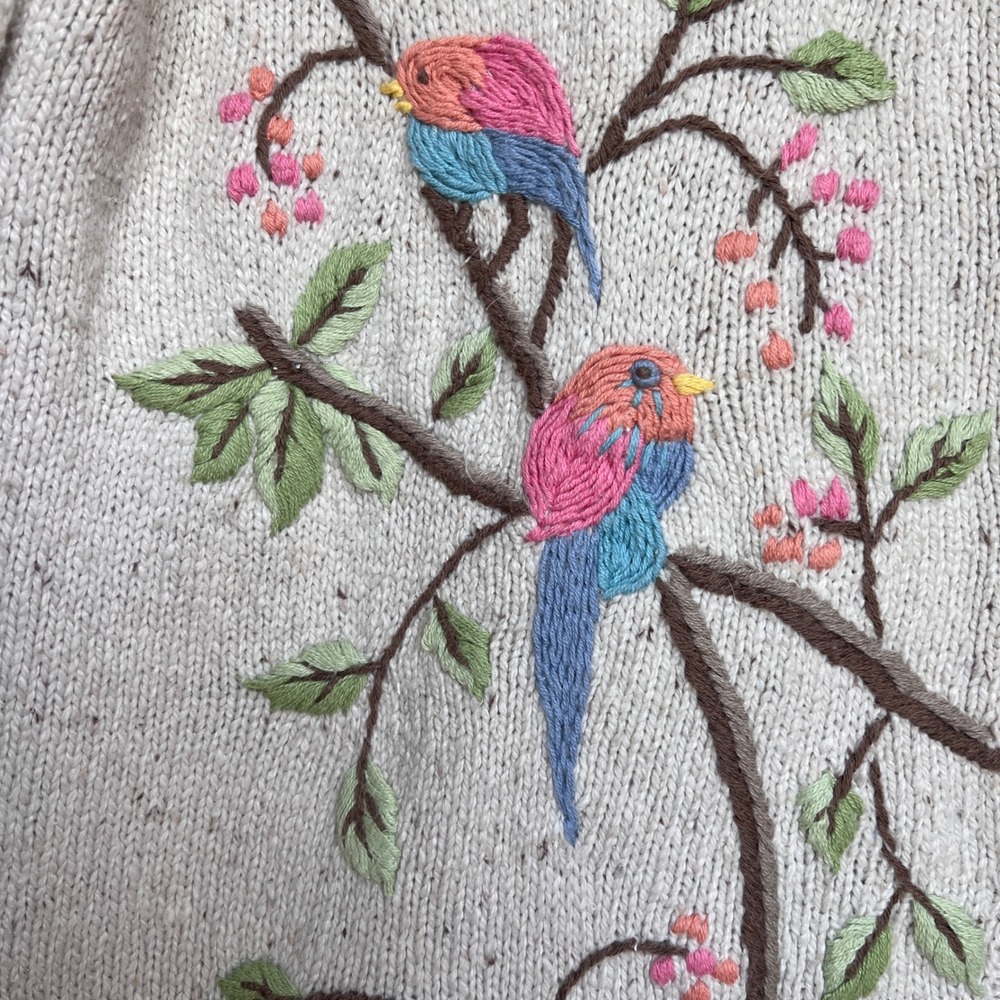 Vintage Embroidered Bird Butterfly Cardigan Beaded Oatmeal Knit Cottagecore Boho - Picture 5 of 8